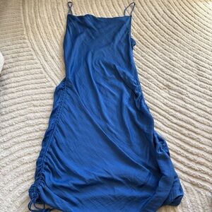 FREE PEOPLE BLUE LOW BACK RUCHED SIDE MIDI CHEMISE DRESS SPAGHETTI STRAP Y2K